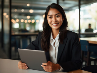A photo of a 25 year old female filipino lawyer, sitting down holding a tablet, wearing business casual, impressive office in the background - Generative AI - obrazy, fototapety, plakaty