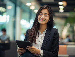 A photo of a 25 year old female filipino lawyer, sitting down holding a tablet, wearing business casual, impressive office in the background - Generative AI - obrazy, fototapety, plakaty