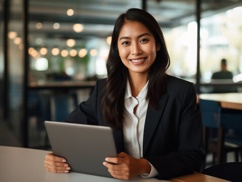 A photo of a 25 year old female filipino lawyer, sitting down holding a tablet, wearing business casual, impressive office in the background - Generative AI