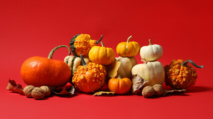 Happy Thanksgiving day. Beautiful composition with pumpkins on red background