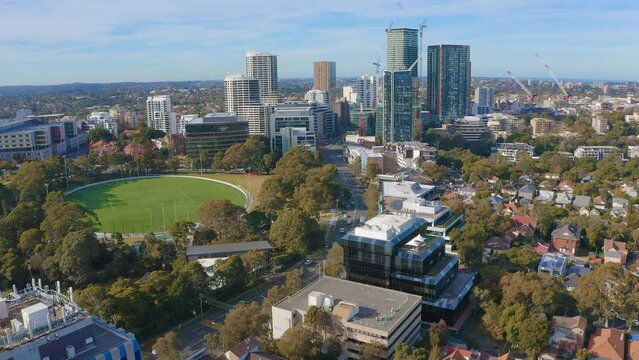 Panoramic drone aerial view of North Sydney and Gore Hill Oval in Sydney NSW Australia