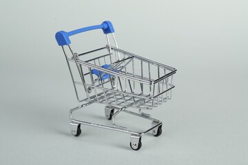 Small metal shopping cart on light background