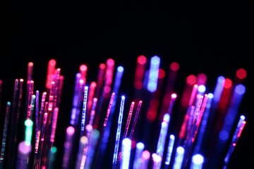Optical fiber strands transmitting different color lights on black background, macro view
