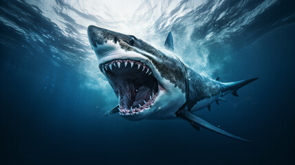 angry big shark opens its mouth wide with sharp teeth - Generative AI