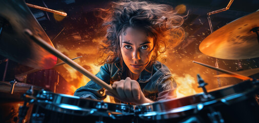 a women playing drums at a gig with blurring lights