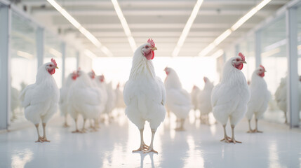 Low camera angle of white chickens standing on the floor of a clean and white factory floor, - Generative AI - obrazy, fototapety, plakaty
