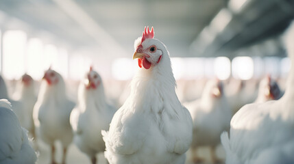 Low camera angle of white chickens standing on the floor of a clean and white factory floor, - Generative AI - obrazy, fototapety, plakaty