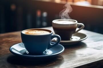 cafe table wooden vintage coffee americano latte hot cups blue two image closeup aroma art background beverage black break breakfast brown cafes caffeine cappuccino close drink cup dark