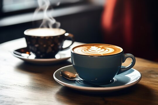 cafe table wooden vintage coffee americano latte hot cups blue two image closeup aroma art background beverage black break breakfast brown cafes caffeine cappuccino close drink cup dark
