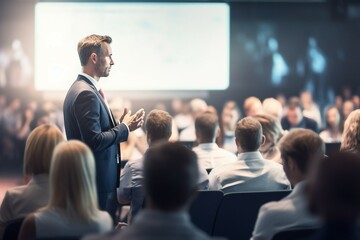 Event Conference Business Talk Giving Speaker Male audience briefing businessman coaching congress convention corporate course educator entrepreneur entrepreneurship explaining faculty - obrazy, fototapety, plakaty