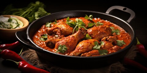 spicy kerala red chicken curry. chicken vindaloo. Butter chicken curry roast hot and spicy gravy dish, generative AI - obrazy, fototapety, plakaty