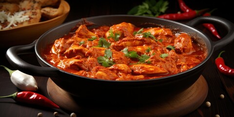 spicy kerala red chicken curry. chicken vindaloo. Butter chicken curry roast hot and spicy gravy dish, generative AI
