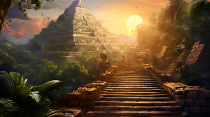 El Castillo: The Majestic Mayan Pyramid with a Serpentine Stairway and the Radiant Glow of Sunset background ai generated - obrazy, fototapety, plakaty