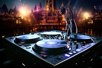 track mixes dj audio buttons channel club control dance disc disco discotheque electronic entertainment equipment evening hand earphones instrument jockey level light male mixer mixing - obrazy, fototapety, plakaty