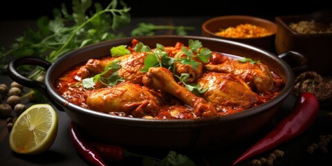 spicy kerala red chicken curry. chicken vindaloo. Butter chicken curry roast hot and spicy gravy dish, generative AI - obrazy, fototapety, plakaty