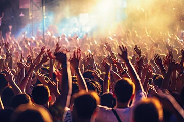 festival music summer concert crowd audience background blue cheer cheerful entertainment event excited excitement fan full grand great group happy head live lot - obrazy, fototapety, plakaty