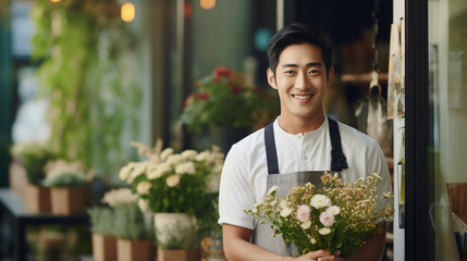 Confident young Asian male florist, owner of small business flower shop - Generative AI