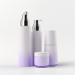 cosmetic product mockup, cosmetic bottles and tubes, white and lilac color, Plastic container, eco-friendly bottles, Sprayer, Spray - Generative AI