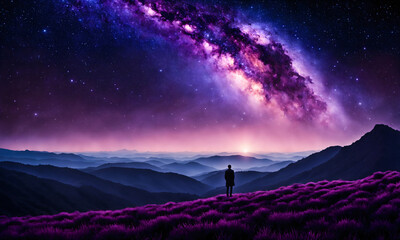 a lone figure standing on a hill, gazing at the vast expanse of the evening sky. The atmosphere is painted in various shades of deep purple, casting a surreal and tranquil aura
