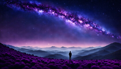 a lone figure standing on a hill, gazing at the vast expanse of the evening sky. The atmosphere is painted in various shades of deep purple, casting a surreal and tranquil aura