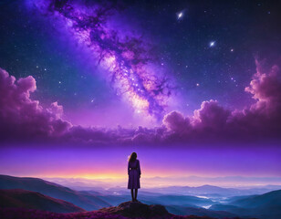 Obraz premium a lone figure standing on a hill, gazing at the vast expanse of the evening sky. The atmosphere is painted in various shades of deep purple, casting a surreal and tranquil aura