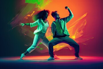Fototapeta na wymiar portrait fashionable action fashion style movement culture youth light neon hall dance background green clothes bright hop hip dancing woman man stylish motion drive beautiful