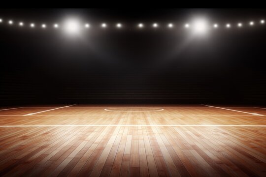 spotlights floor wooden court basketball view Close background dark spotlight light wood closeup sport hoop line basket indoor pattern stadium textured texture arena field nobody building empty imag