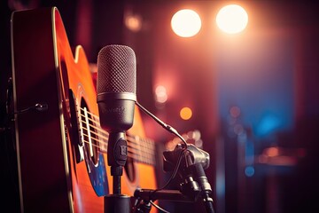 lanterns colored background blurred beautiful close guitar acoustic records microphone studio the music hand vintage man art artist audio black chord classic - obrazy, fototapety, plakaty
