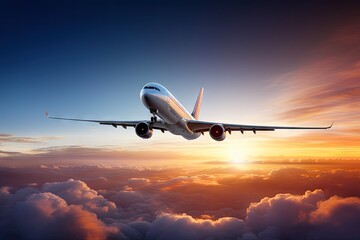 Fototapeta na wymiar sunset clouds dramatic flying airplane commercial background business water sunrise summer nature technology sun aeroplane fly jet air aircraft airliner aviation flight plane sky
