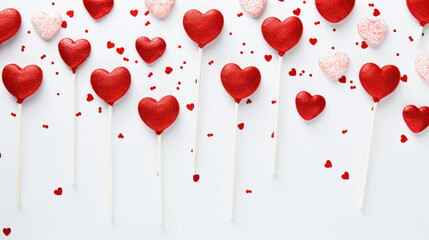 Heart shaped lollipops with red confetti and hearts. Red hearts. Candy love concept. Valentine's Day - Generative AI - obrazy, fototapety, plakaty