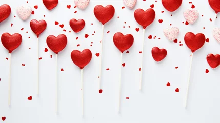 Poster Heart shaped lollipops with red confetti and hearts. Red hearts. Candy love concept. Valentine's Day - Generative AI © seogi