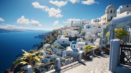Here's a photo of a rather famous view of Santorini in Greece - Generative AI - obrazy, fototapety, plakaty