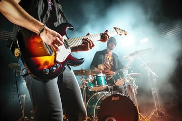 up close foreground guitarist drums guitar bass stage performs band rock drum singer musician background music musical sound group - obrazy, fototapety, plakaty