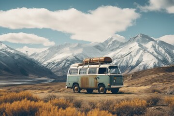 Aerial view, camper van and view of Mountain