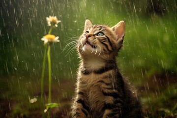 Obraz premium A kitten with floppy ears trying to catch the raindrops with its tongue
