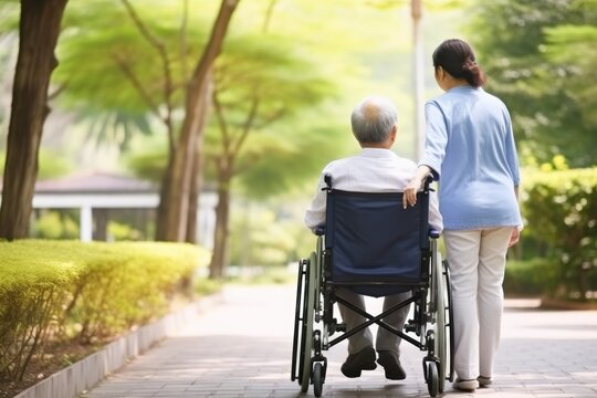 Rear view of elderly man in wheelchair and care helper