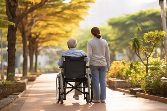 Rear view of elderly man in wheelchair and care helper