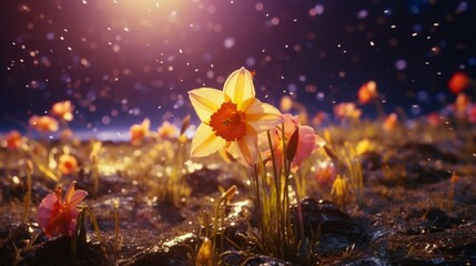 A Dreamshade Daffodil blooming amidst a field of vibrant, alien flowers, each petal like a...