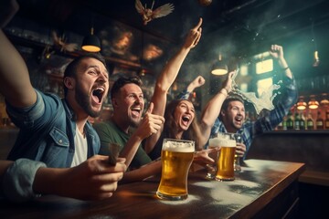 pub bar victory celebrating beer drinking friends male fans football happy concept entertainment friendship leisure people sport   beer bar pub alcohol glasses fun indoor drink young