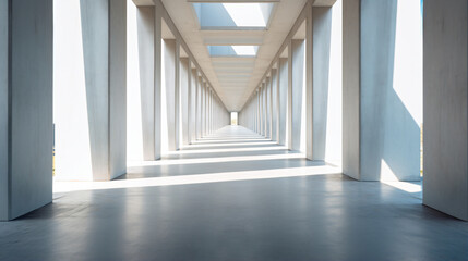 low angle photo of wide corridor going back to a vanishing point, lined on each side with doors open at various angles, daylight, light concrete floor - Generative AI - obrazy, fototapety, plakaty