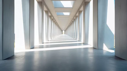 Foto op Canvas low angle photo of wide corridor going back to a vanishing point, lined on each side with doors open at various angles, daylight, light concrete floor - Generative AI © seogi