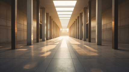 low angle photo of wide corridor going back to a vanishing point, lined on each side with doors open at various angles, daylight, light concrete floor - Generative AI
