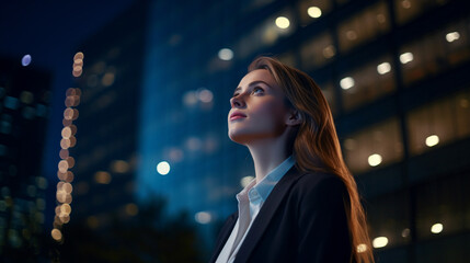 Confident and professional young European businesswoman standing and looking up at modern corporate skyscrapers in the evening - Generative AI