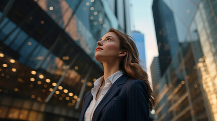 Confident and professional young American businesswoman standing and looking up at modern corporate skyscrapers in the evenin - Generative AI - obrazy, fototapety, plakaty