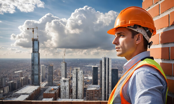 A construction worker with a masculine face wearing an orange helmet is standing on the top floor of a skyscraper