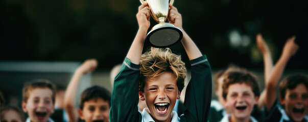 Portrait of a child soccer player holding up a trophy, celebrating a win with his teammates