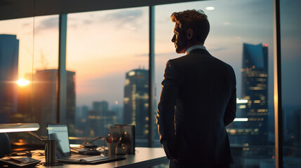 Portrait of male ceo in big corner office, looking out of window, at sunset. - Generative AI - obrazy, fototapety, plakaty