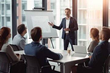 presentation flipchart give suit speaker coach business male   boardroom boss business businessman client coaching colleague consulting discussion diverse education employee executive - obrazy, fototapety, plakaty