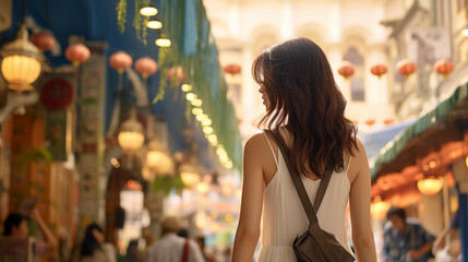 Rear view image of a young brunette woman. She is enjoying the walk and exploring the city, wearing a casual but fashionable dress, sightseeing and shopping on the Singapore street - Generative AI - obrazy, fototapety, plakaty