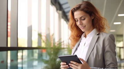 Redhead businesswoman using tablet pc at office - Generative AI